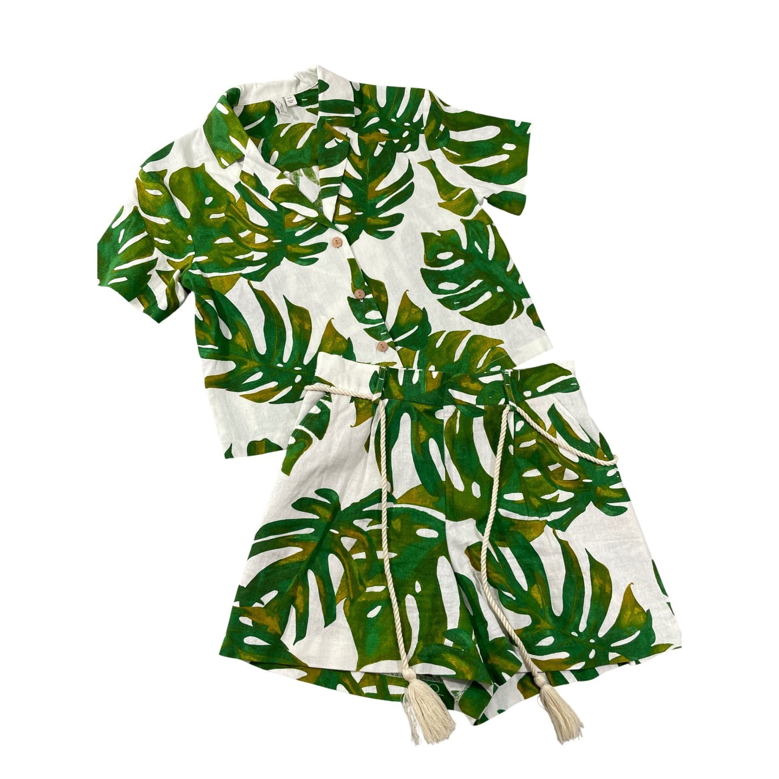 Joie Tropical Leaf Linen Blend Two Piece Shorts Matching Set Green White S/M